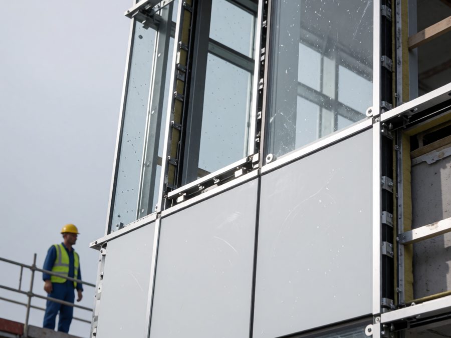 Curtain wall spandrel and glazing installation close-up